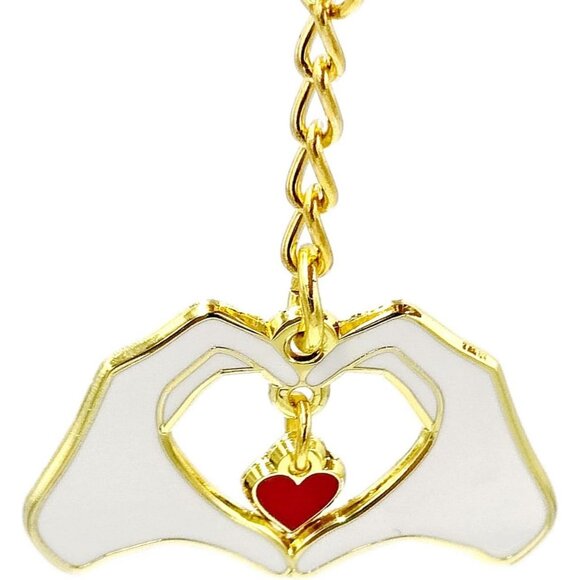 Heart Hands Keychain Swinging Red Heart Gold Enamel Love Charm Romantic Gift - Picture 2 of 7